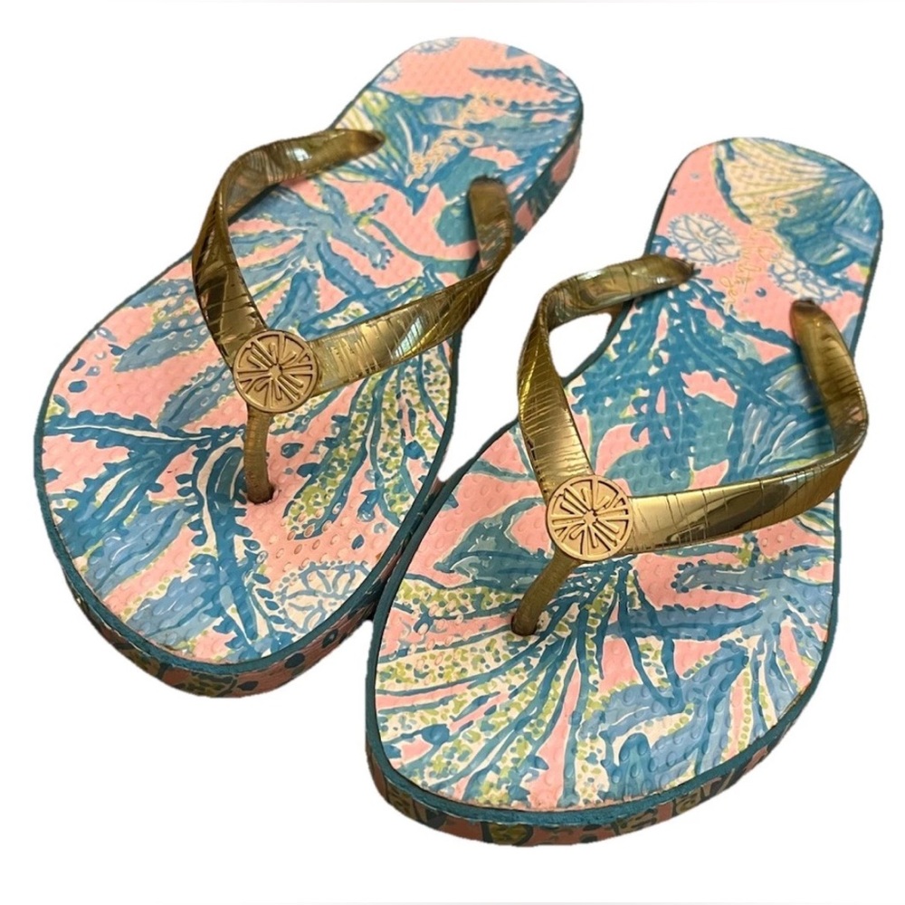 Lilly Pulitzer Women's Pink, Blue, & Gold Pool Flip Flops, Size 9